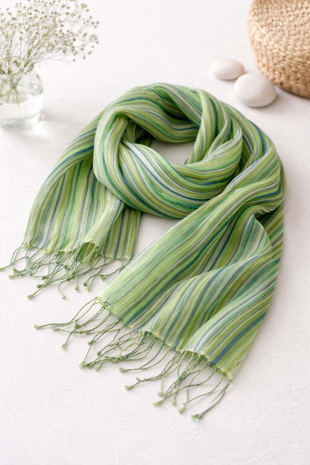 Handwoven Silk & Cotton Scarf in Green and Blue