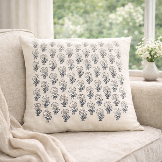 Handwoven Organic Cotton Cushion Cover – Flower Block Print (40 × 40 cm)