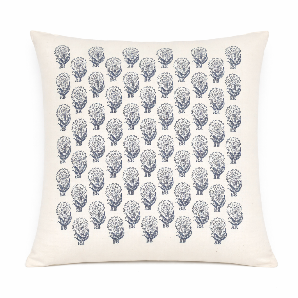 Handwoven Organic Cotton Cushion Cover – Flower Block Print (40 × 40 cm)