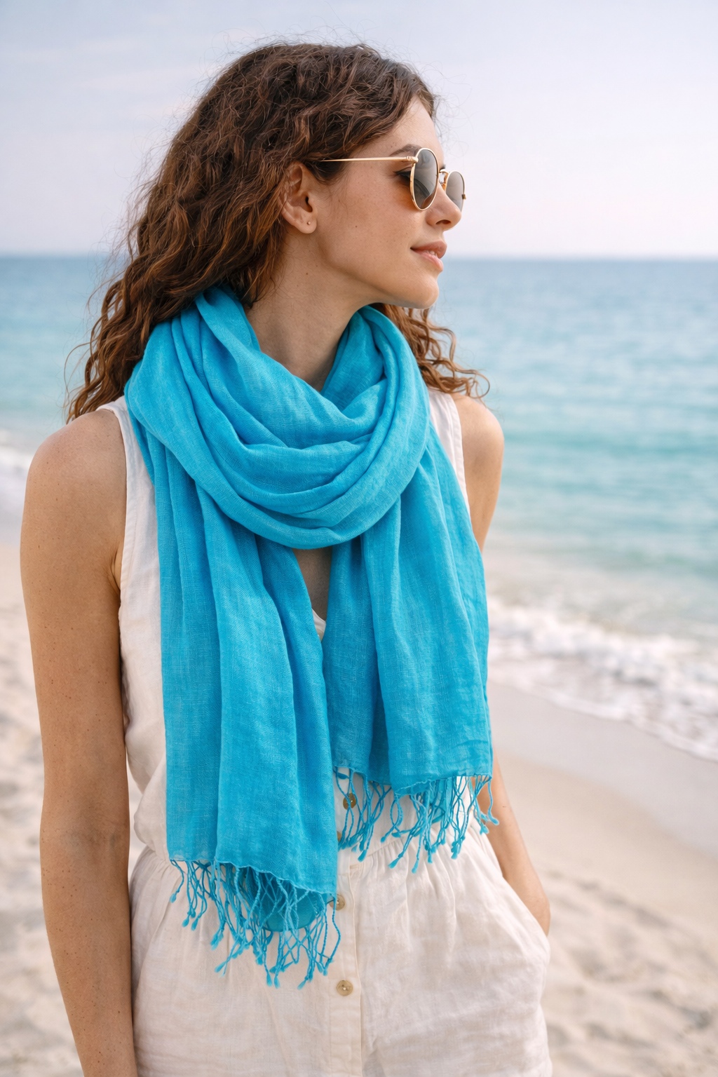 Handwoven Organic Linen Scarf – Teal Blue