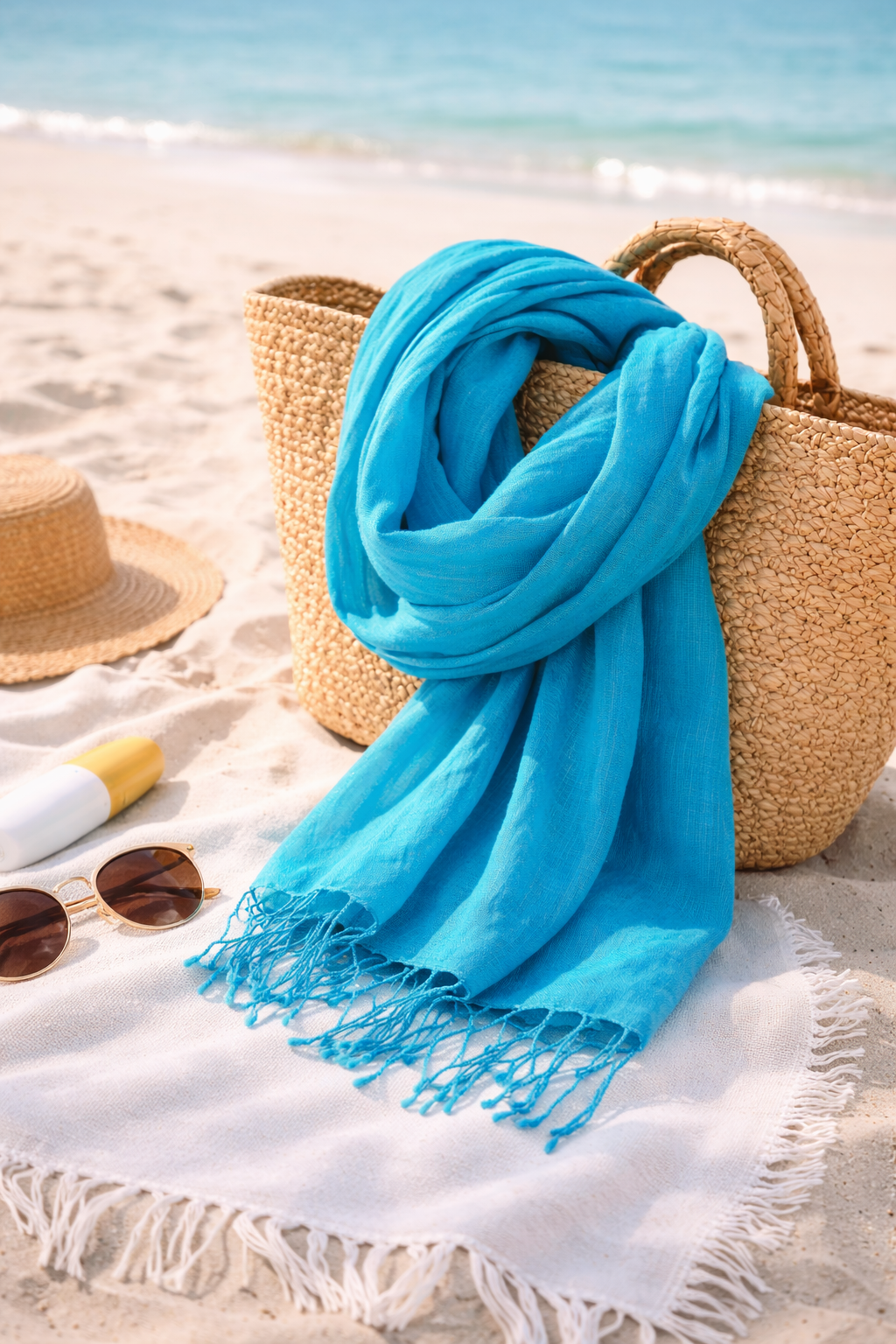 Handwoven Organic Linen Scarf – Teal Blue