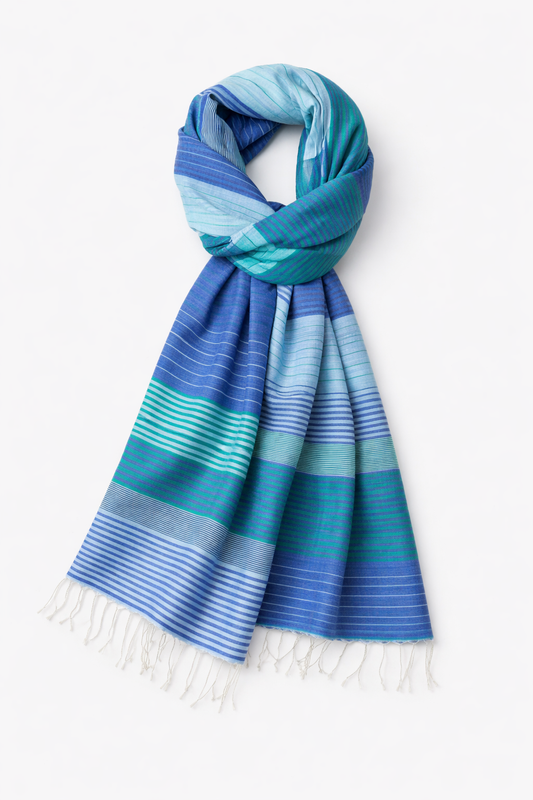 Handwoven Natural Silk Scarf in Blue and Green – Lightweight Spring Scarf