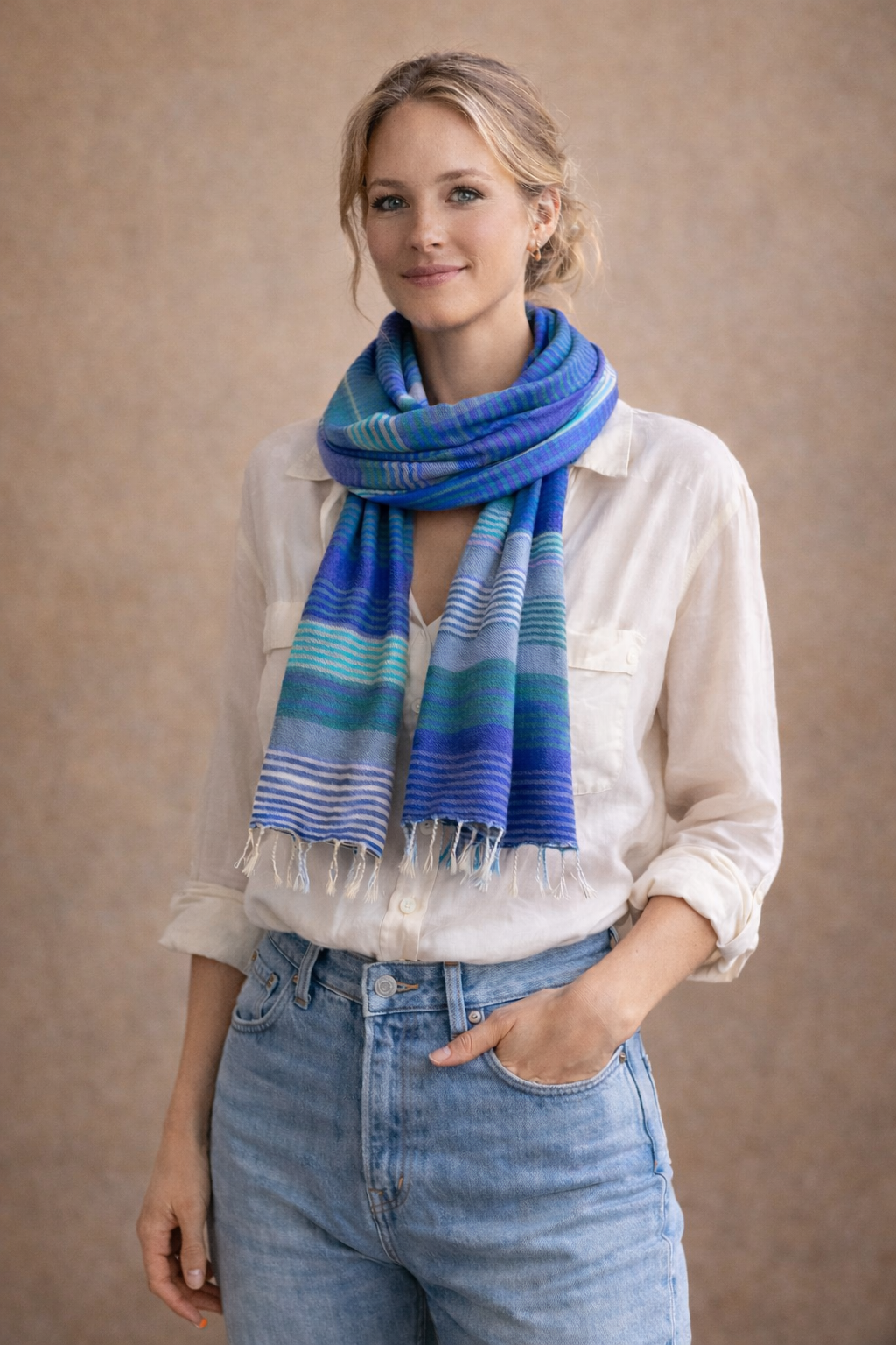 Handwoven Natural Silk Scarf in Blue and Green – Lightweight Spring Scarf