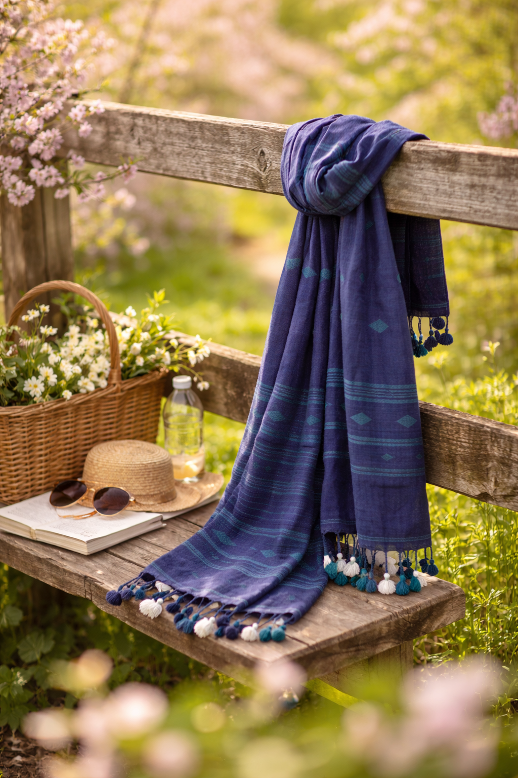 Handwoven Jamdani Cotton Scarf in Indigo