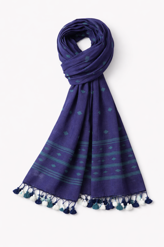 Handwoven Jamdani Cotton Scarf in Indigo