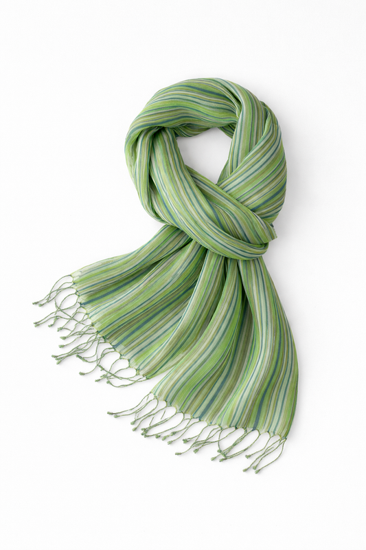Handwoven Silk & Cotton Scarf in Green and Blue